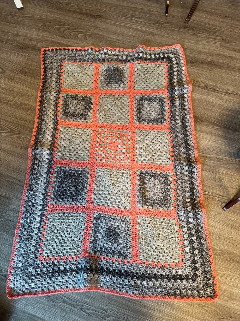 Handmade Crochet Granny Square Throw/Lap Blanket - Coral & Gray